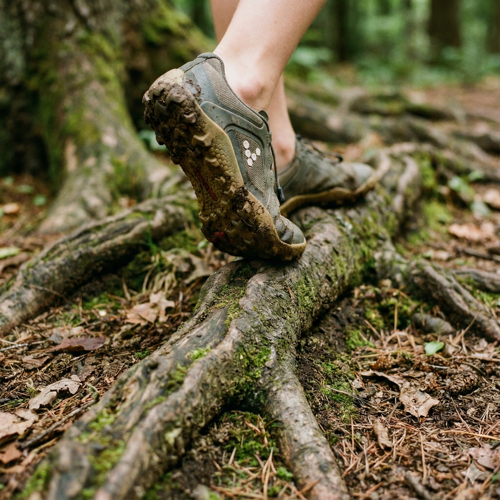 Detalle de calzado barefoot niño minimalista adaptándose a la forma de una raíz de árbol, mostrando agarre y flexibilidad.