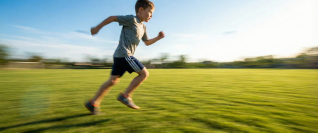 Niño corriendo a toda velocidad en un campo de hierba con calzado barefoot niño de suela fina.