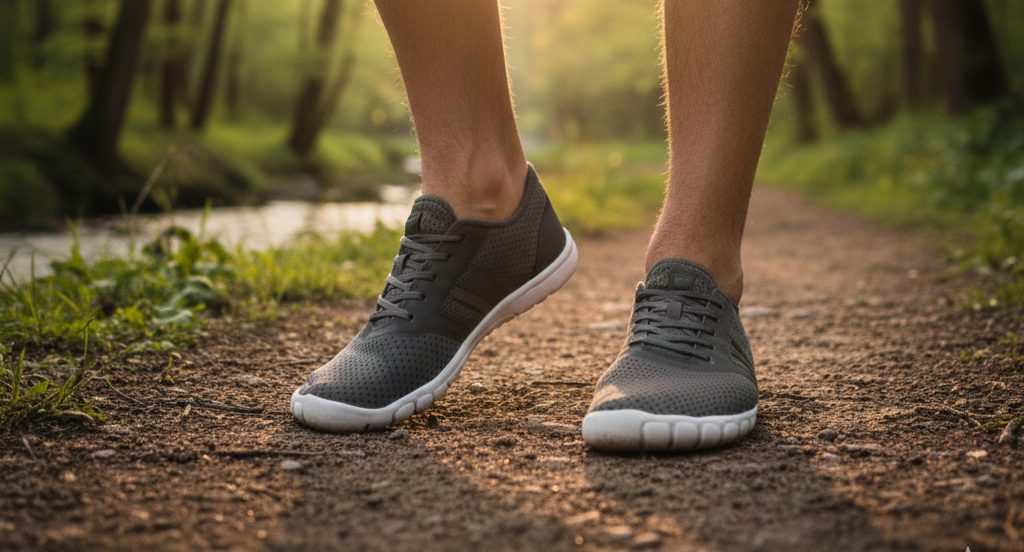 Hombre en un sendero con zapatillas de calzado barefoot hombre minimalista