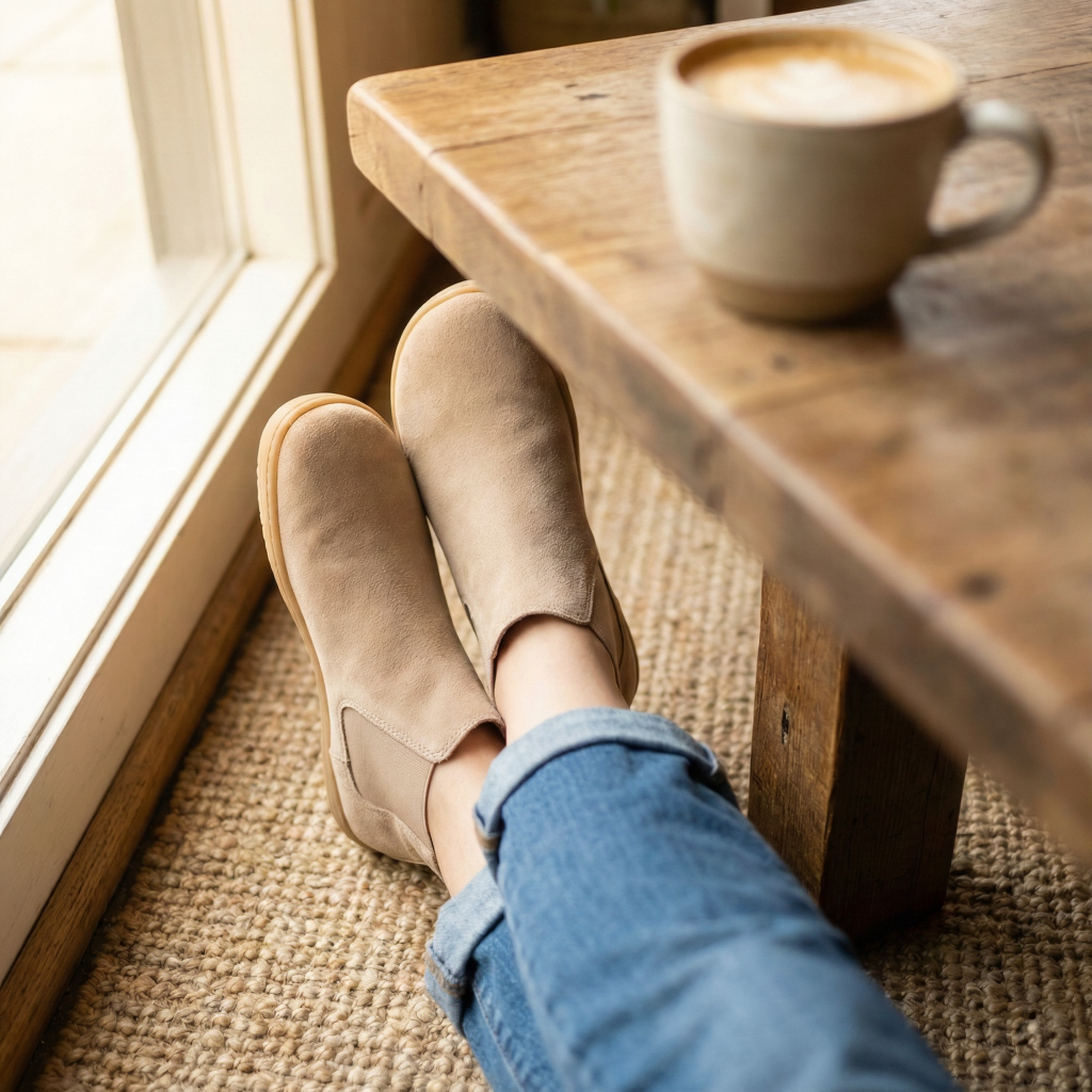 Primer plano cuadrado de los pies de una mujer descansando en una cafetería, llevando unos botines de ante beige de estilo calzado barefoot mujer, cómodos y de horma ancha.