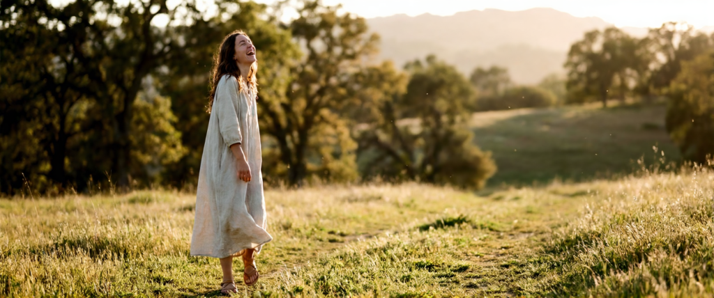 Mujer caminando con libertad por un prado de hierba al atardecer, llevando sandalias de piel marrón estilo calzado barefoot mujer que permiten el movimiento natural del pie