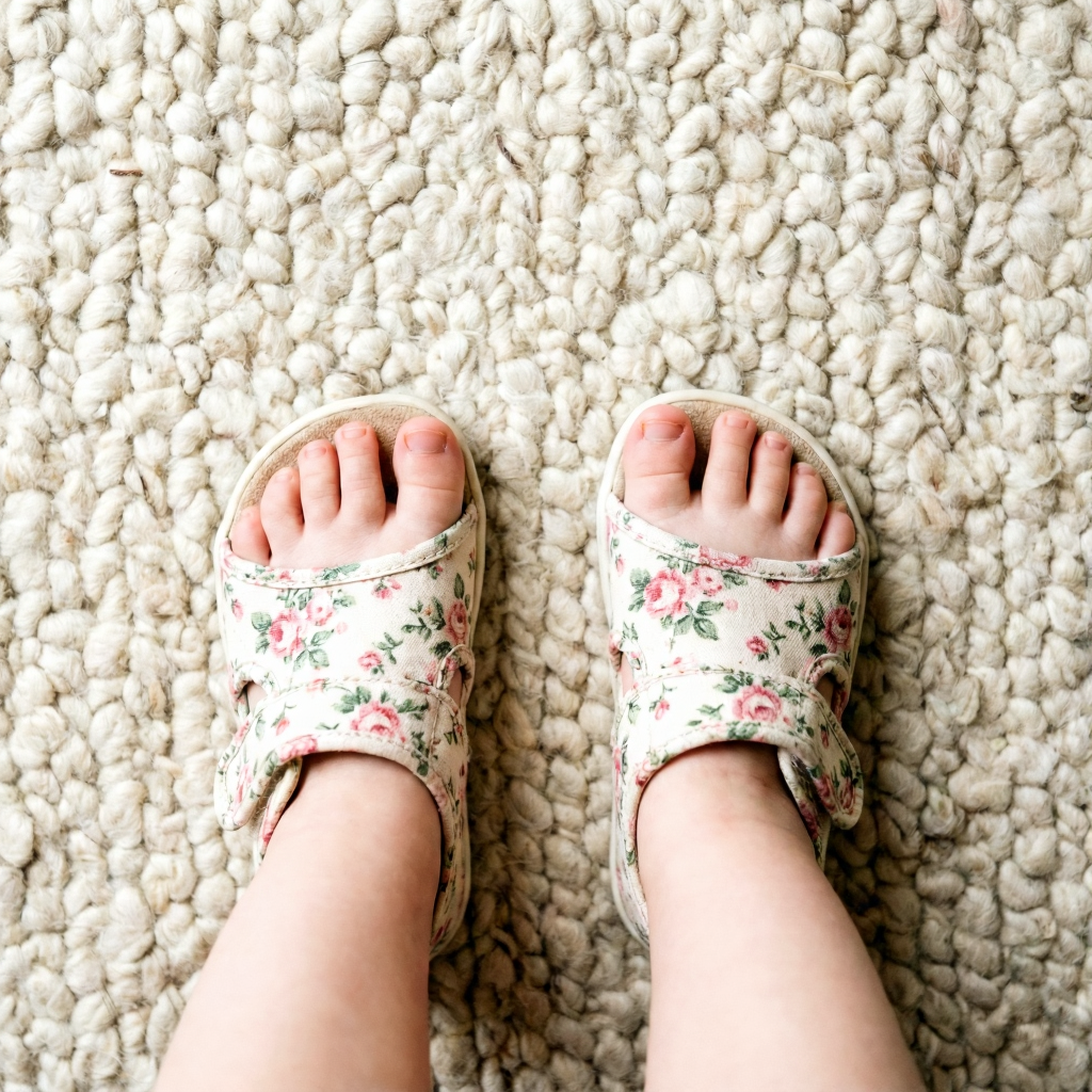 Vista superior de pies de bebita con calzado barefoot bebé niña de estampado floral mostrando la puntera ancha para libre movimiento de dedos.