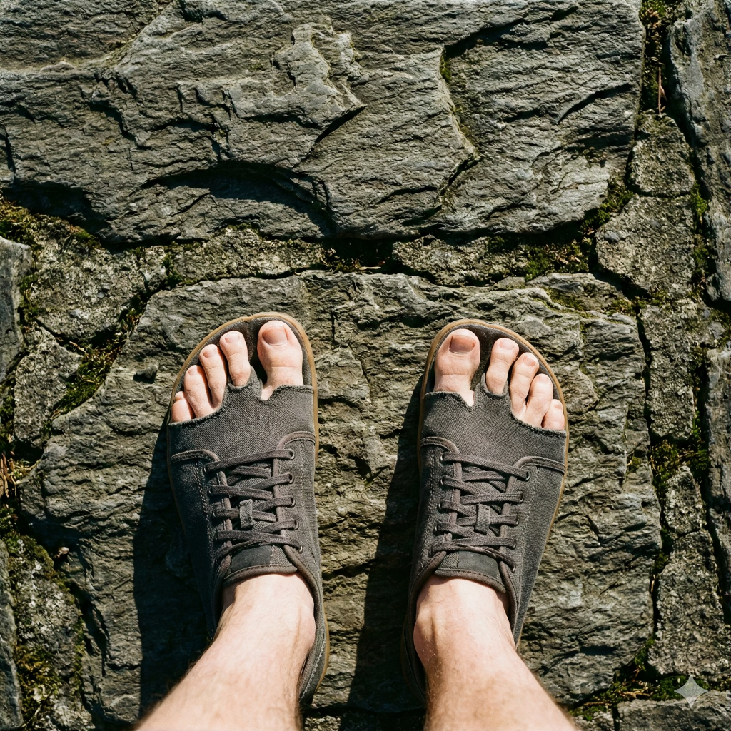 Vista superior de zapatillas de calzado barefoot hombre sobre piedra mostrando claramente la horma ancha para los dedos.