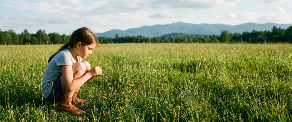 Niña agachada observando la naturaleza en un prado usando botas flexibles de calzado barefoot niña que permiten el movimiento del tobillo.