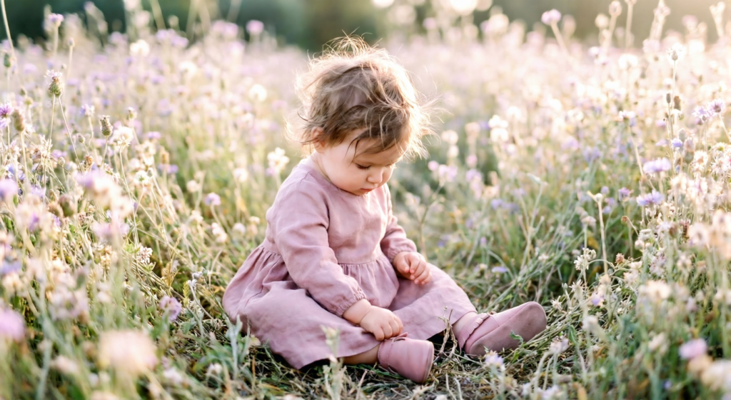 Bebé niña sentada entre flores silvestres mirando sus calzado barefoot bebé niña de color rosa palo con horma ancha.