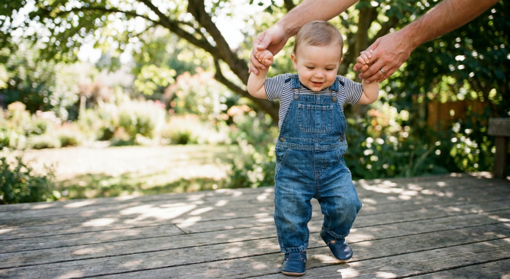 Bebé niño dando sus primeros pasos en el jardín con zapatos respetuosos de piel azul marino y suela blanda.