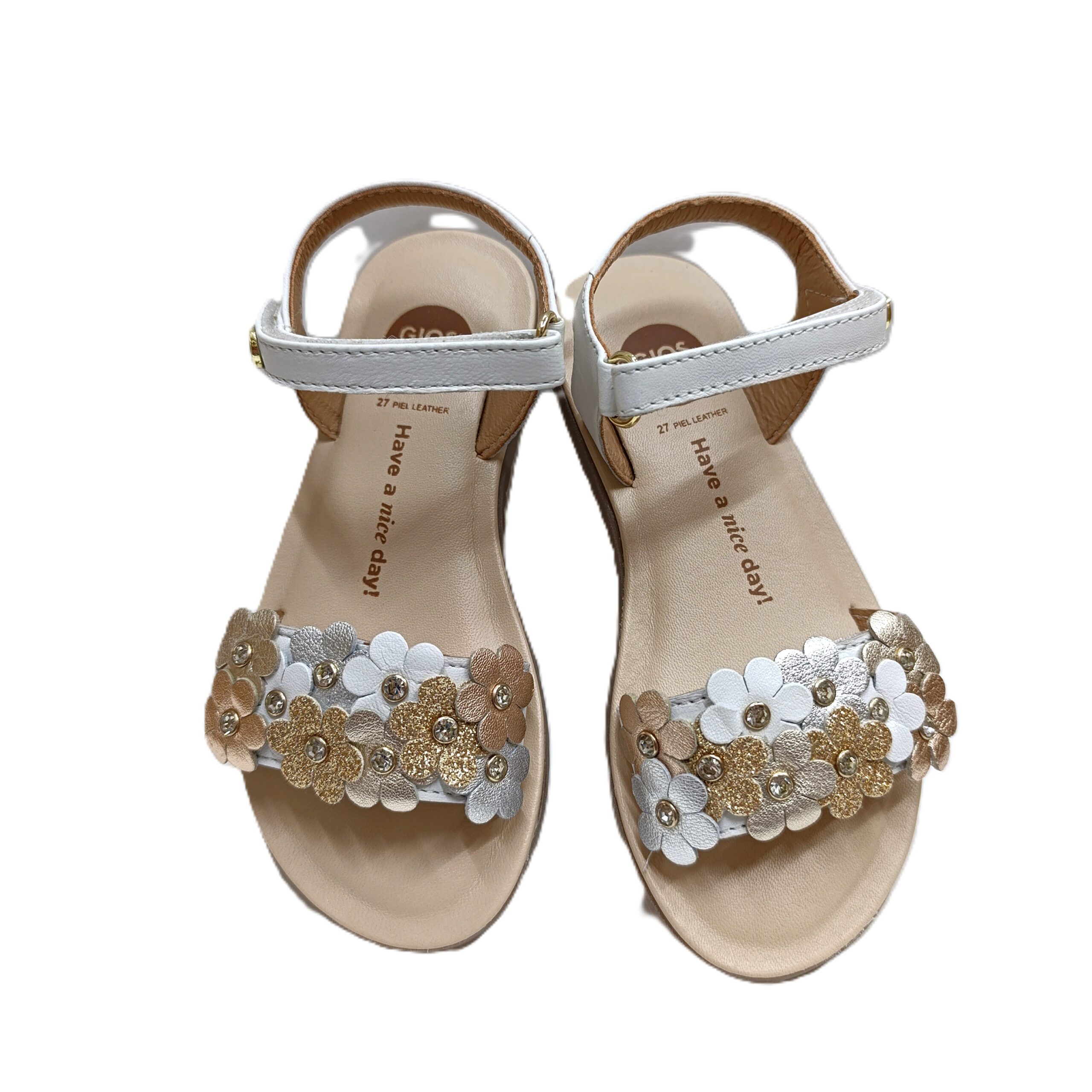 Sanalia piel gioseppo flores blanco metalizado