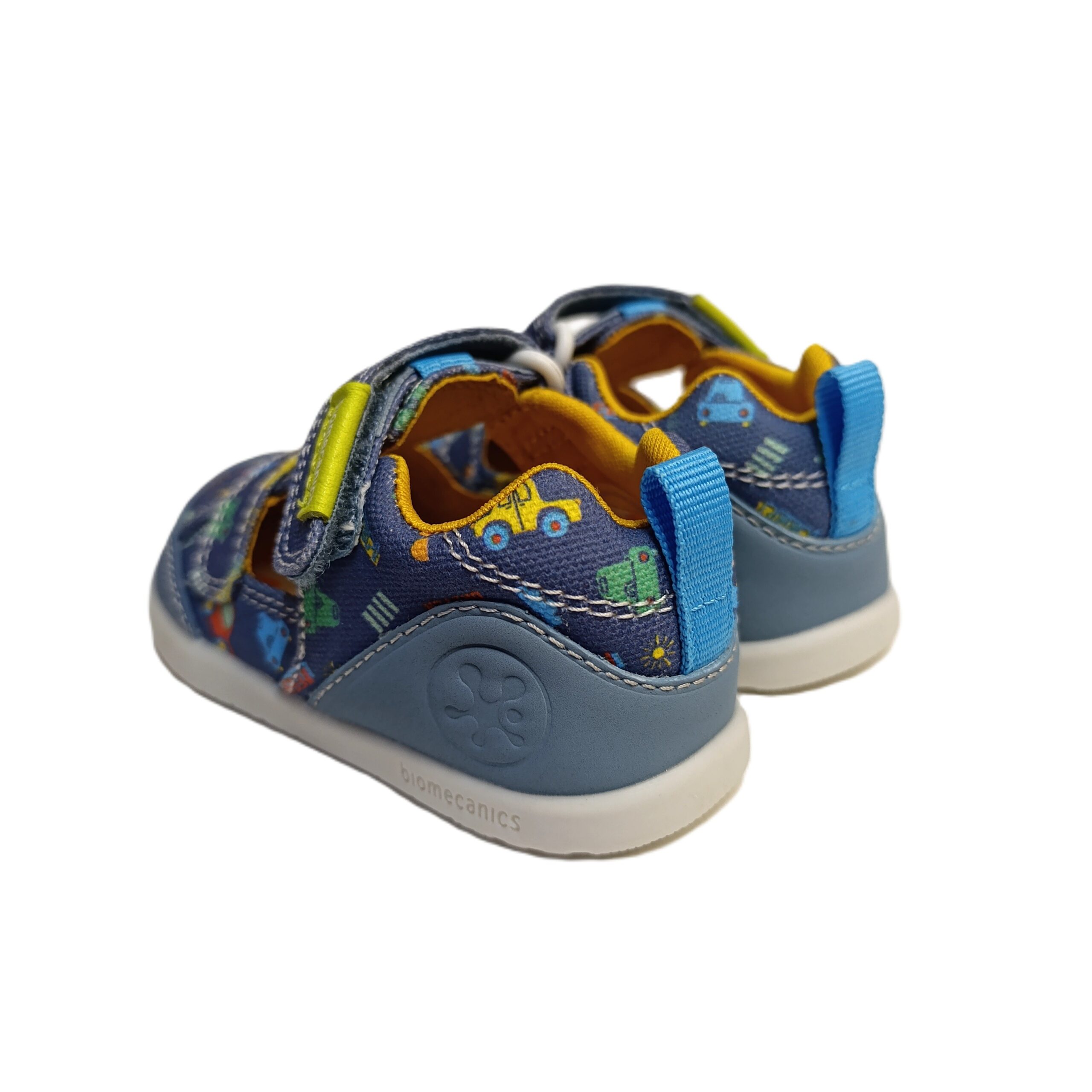 Sandalia barefoot bebe azul coches 3 Sandalia barefoot lona biomecanics bebé azul